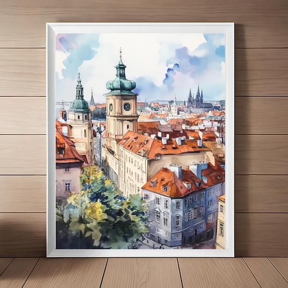 Prague Old Town Rooftops Church Towers Cloudy Sky Watercolor Wall Art
