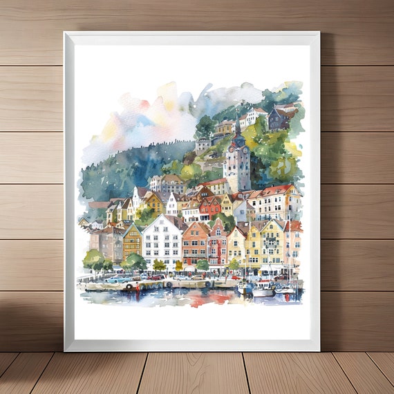 Bergen, Norway Watercolor Art Print, Cityscape
