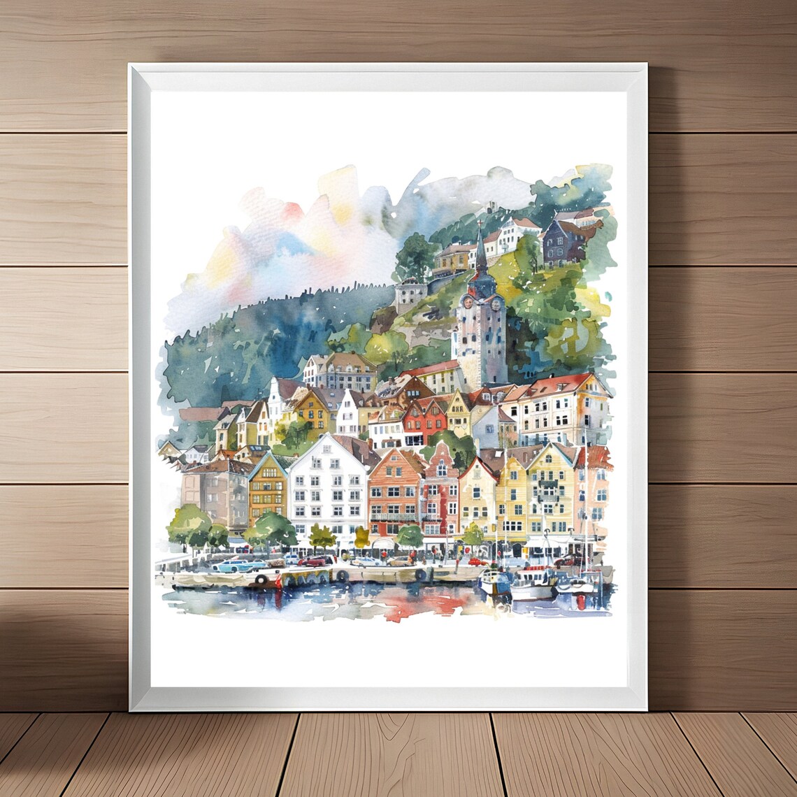 Bergen, Norway Watercolor Art Print, Cityscape