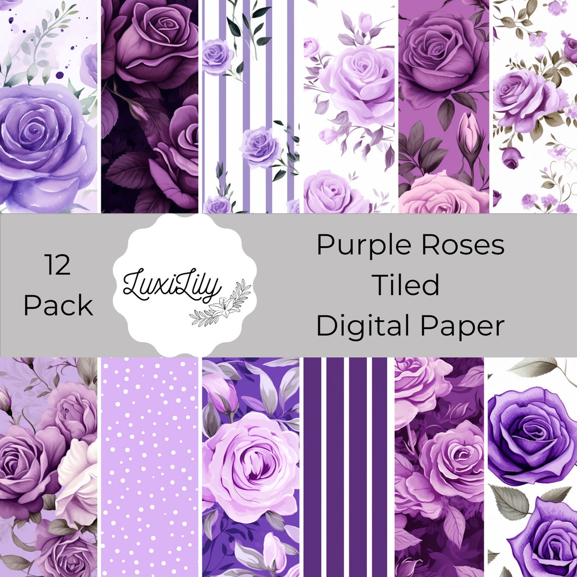 Purple Roses Tiled Digital Paper 12 Pack Scrapbook Paper Print