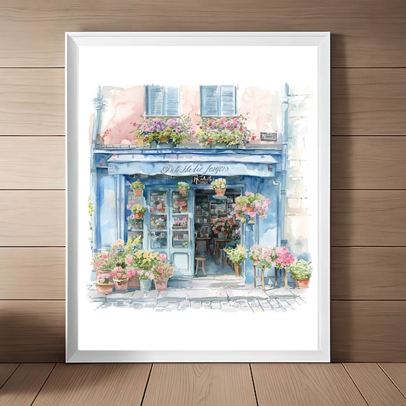 Paris Flower Shop Watercolor Parisian Storefront Floral Wall Art