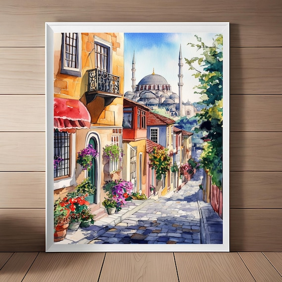 Istanbul Turkey Street Scene Mosque Dome Minarets Watercolor Wall Art