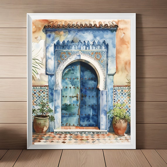 Moroccan Blue Door Art Morocco Painting European Wall Decor Marrakesh Travel Print Watercolor Instant