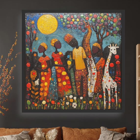 Abstract African Art Textured Wall Decor Group And Giraffe Painting Vibrant Modern Folk Handpainted Style Print Boho Home