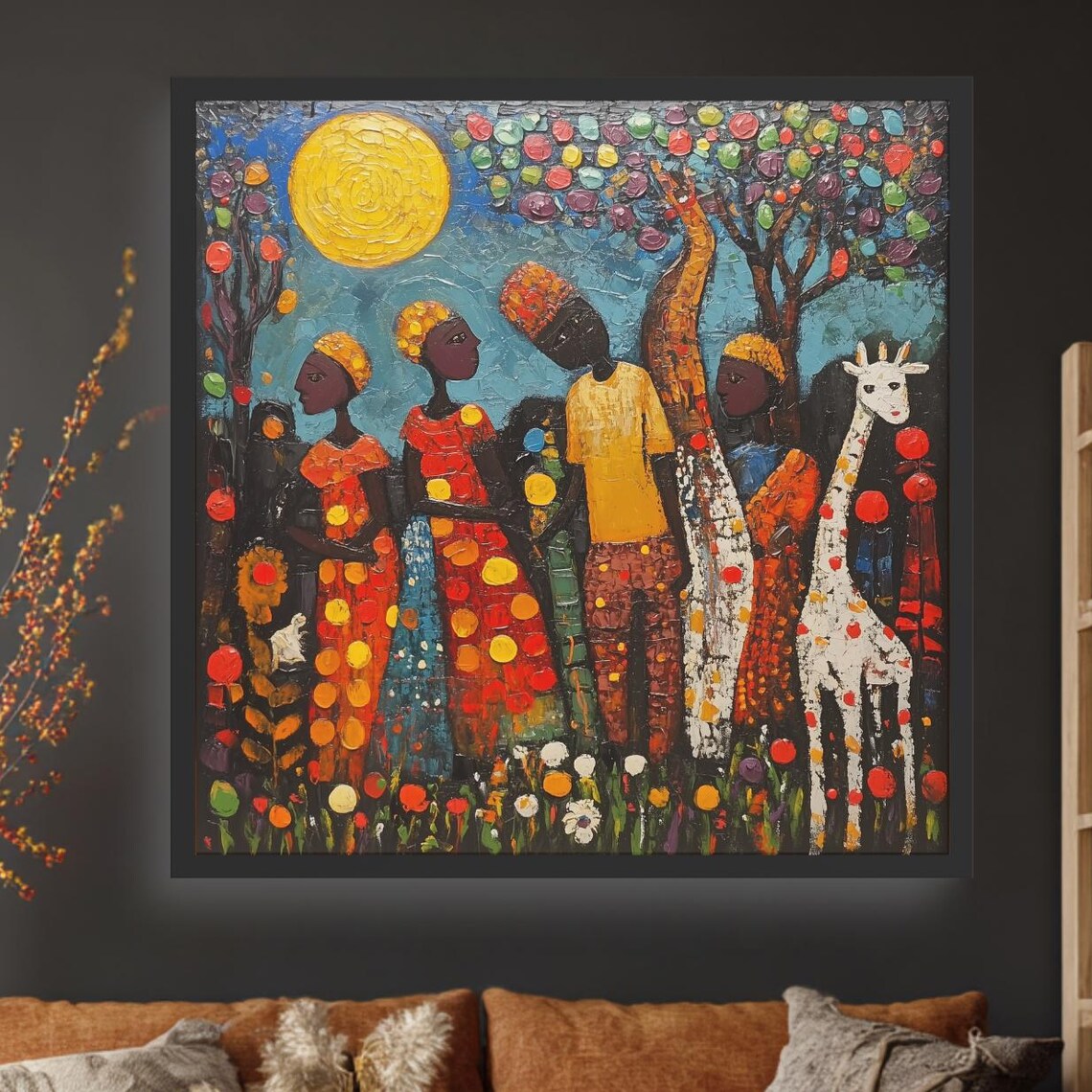 Abstract African Art Group With Giraffe Textured Vibrant Folk Art Print