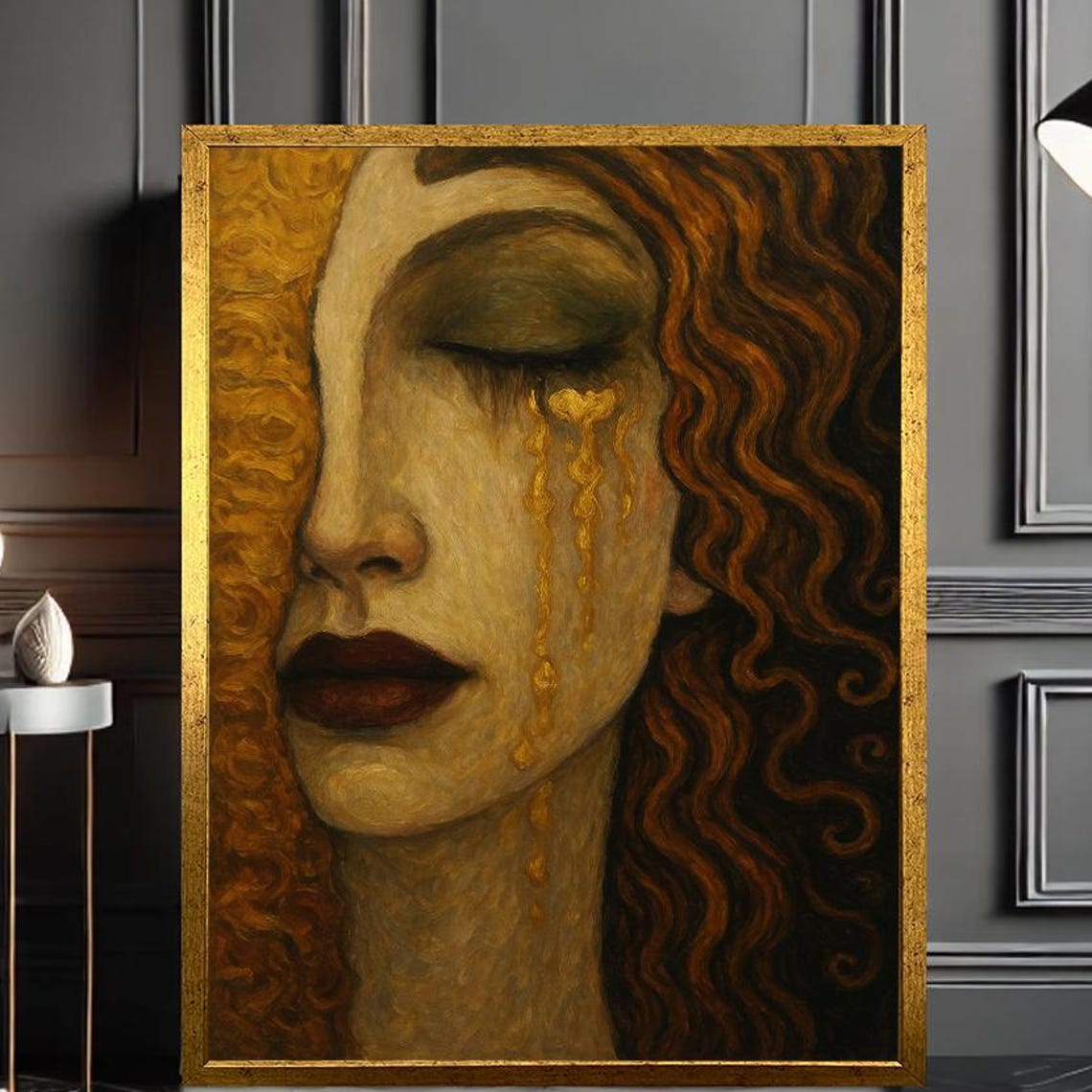 Golden Tears Woman Portrait Emotional Expressionist Art Deep Sadness Canvas Print Modern Wall Home Decor