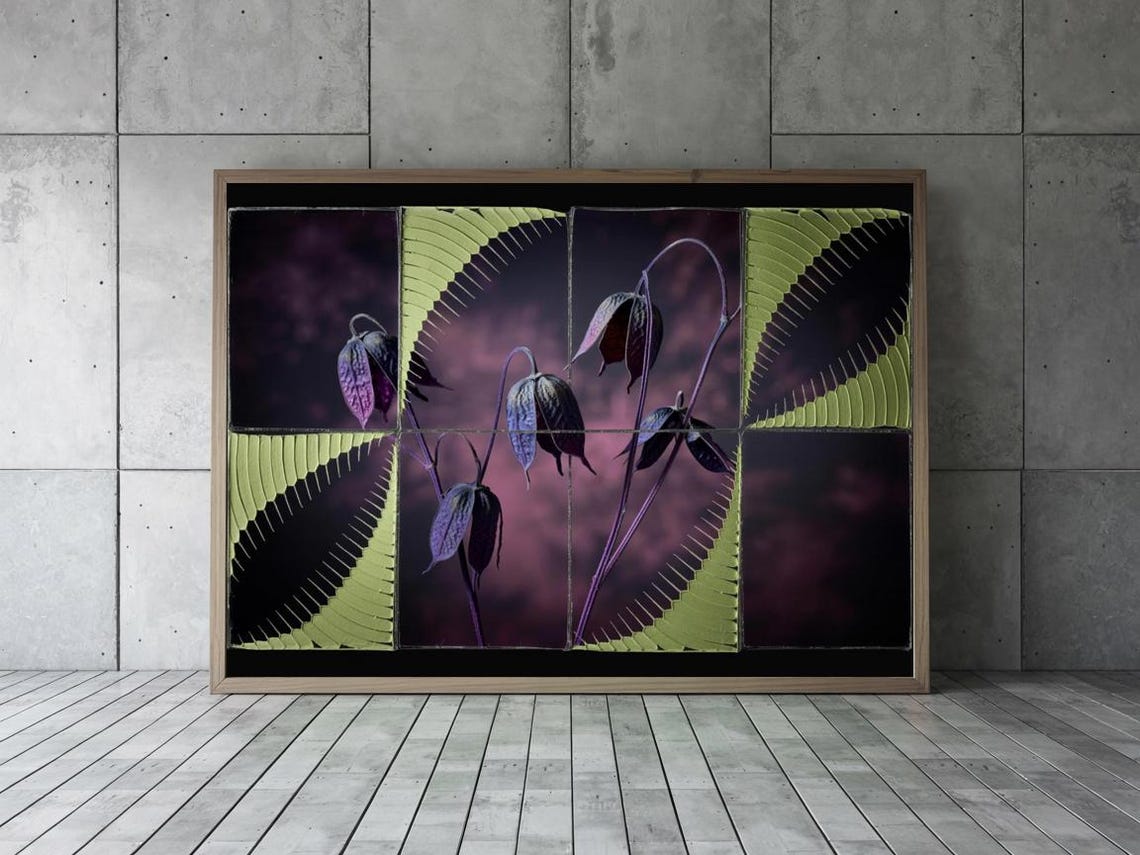 Honesty Seed Pods Grid With Lime Green Geometric Pattern Poster