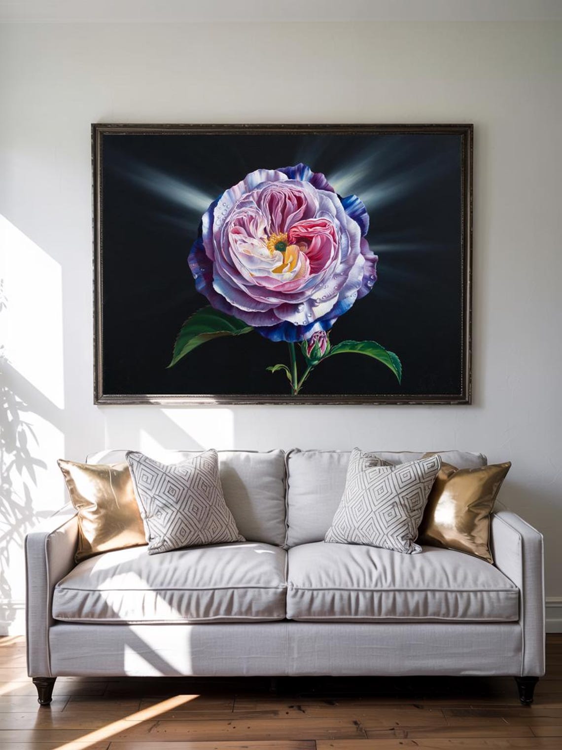 Juliet Rose Full Bloom With Leaves And Bud On Black Wall Art - Image 2