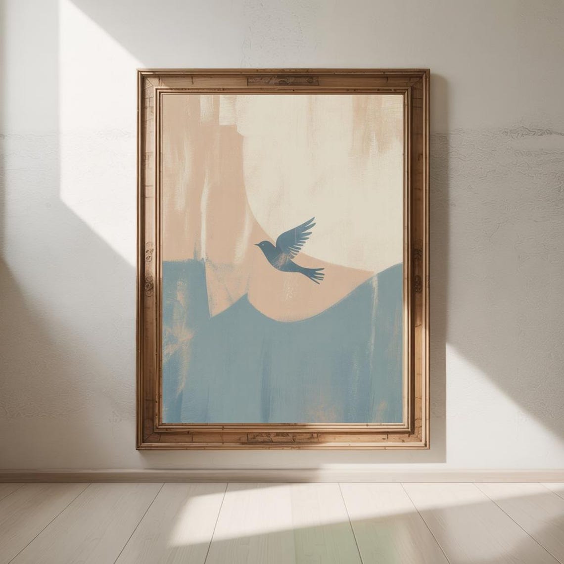 Blue Bird Flying Abstract Peach Blue Modern Minimalist Poster