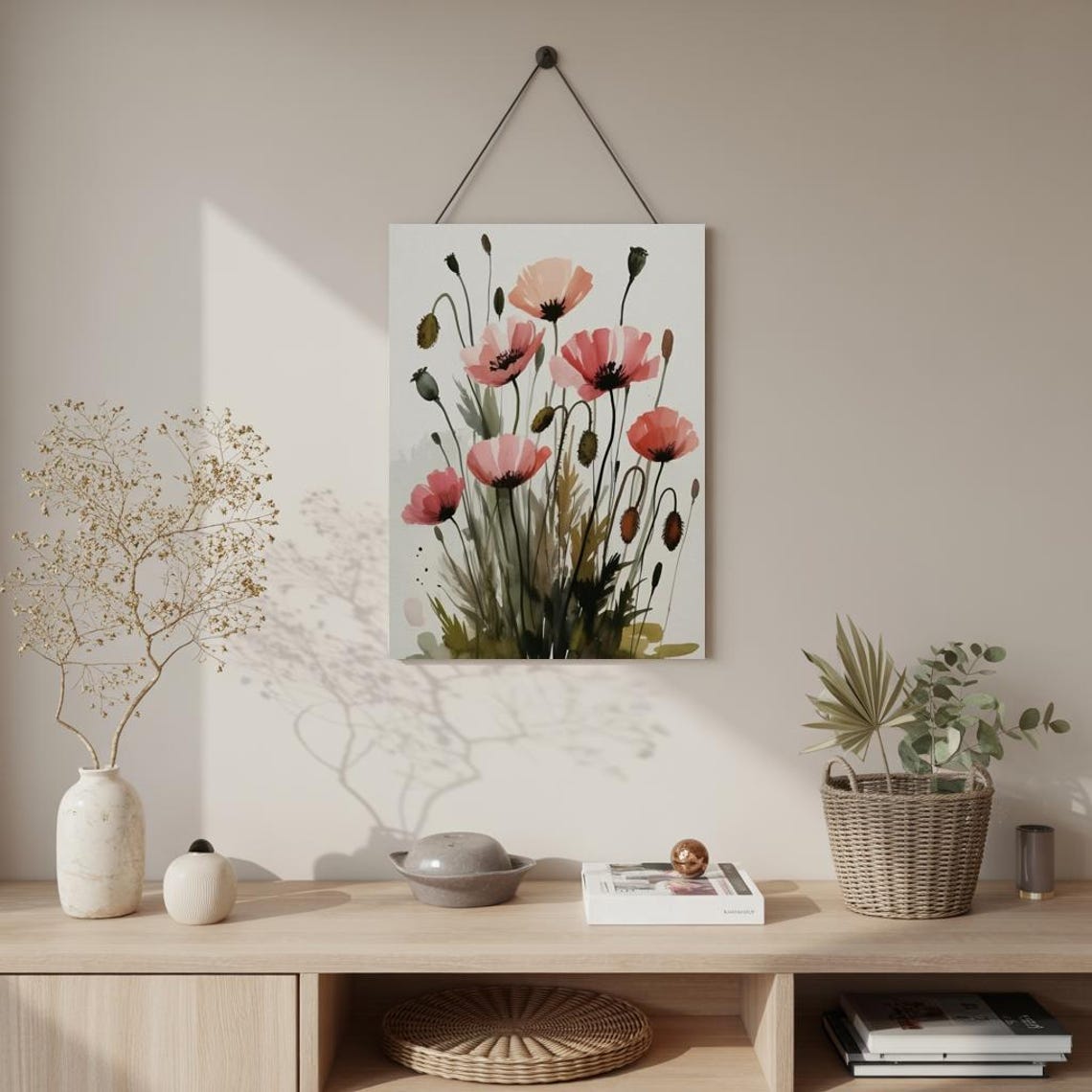 Blush Pink Poppies with Seed Pods Delicate Watercolor Botanical Poster - Image 2