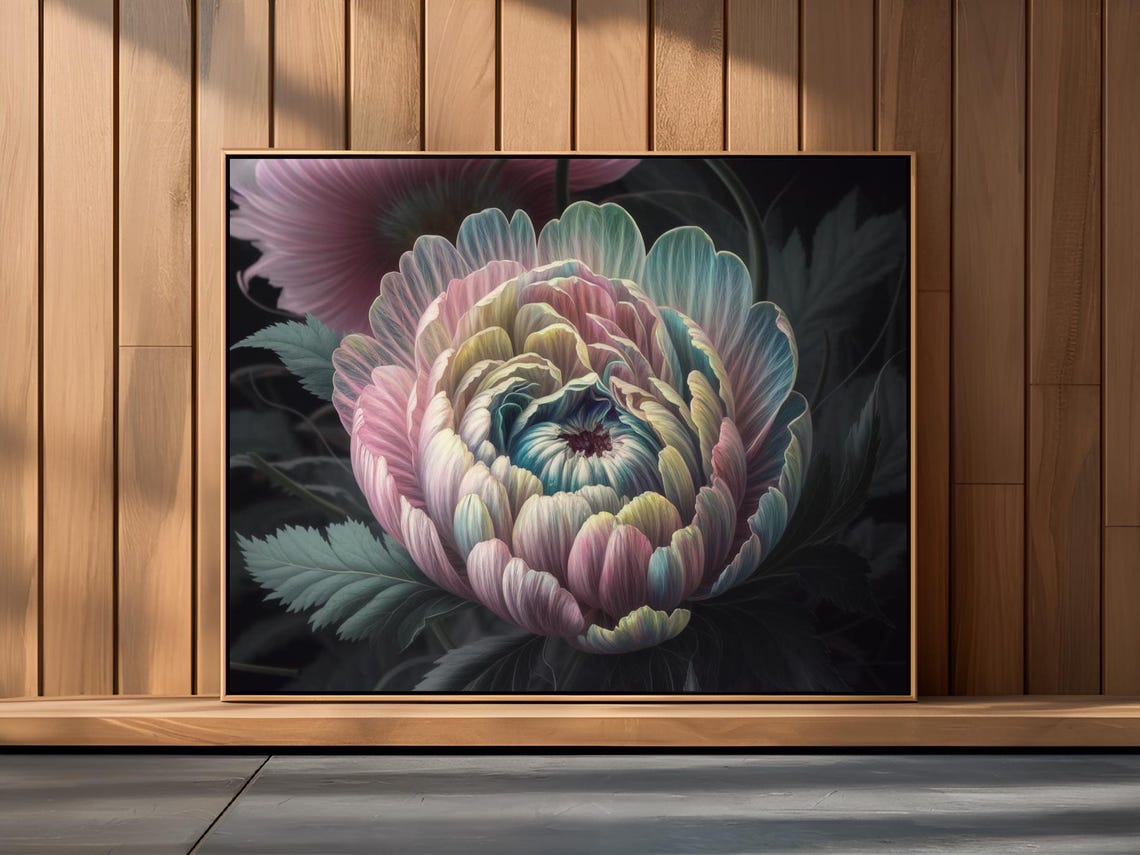 Pastel Peony Bloom On Dark Background Floral Nature Wall Art