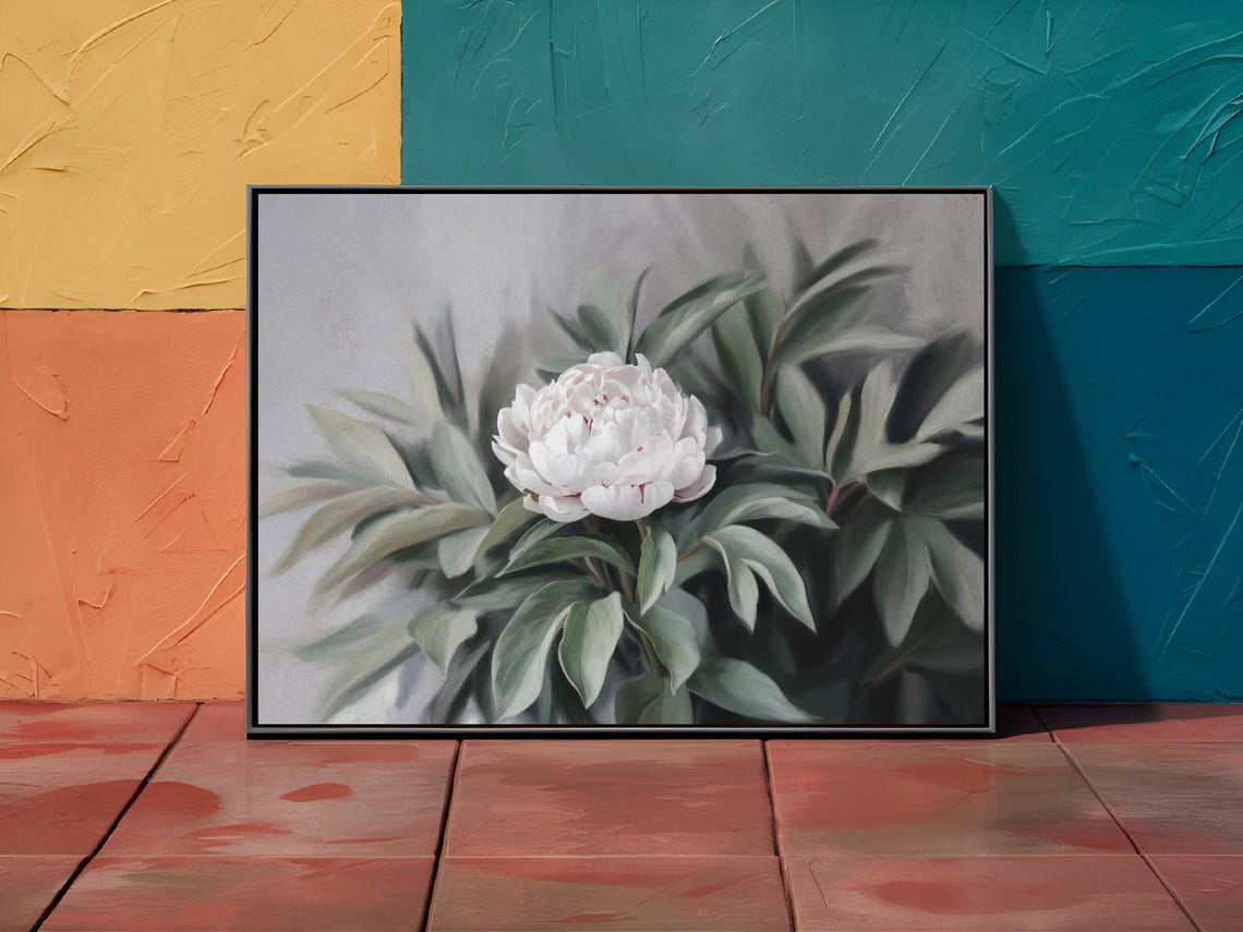 White Peony Bloom Lush Green Leaves Floral Oil Painting Poster - Image 2