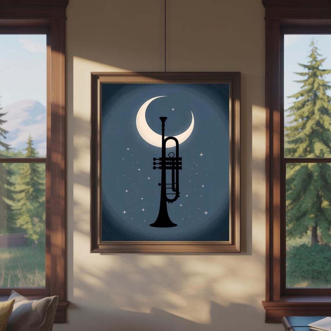Trumpet Silhouette Crescent Moon Starry Night Blue Dreamy Music Poster - Image 2