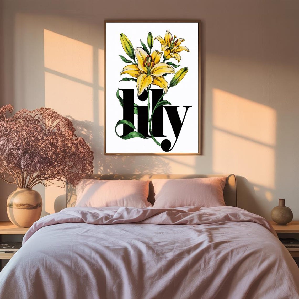 Yellow Lily Botanical Art With Bold Black Lily Lettering Poster - Image 2