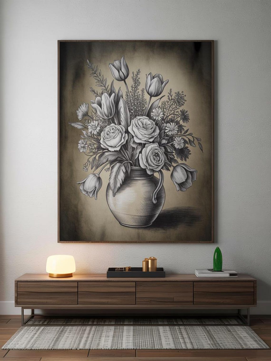 Charcoal Botanical Bouquet Roses Tulips Sepia Still Life Wall Art - Image 3