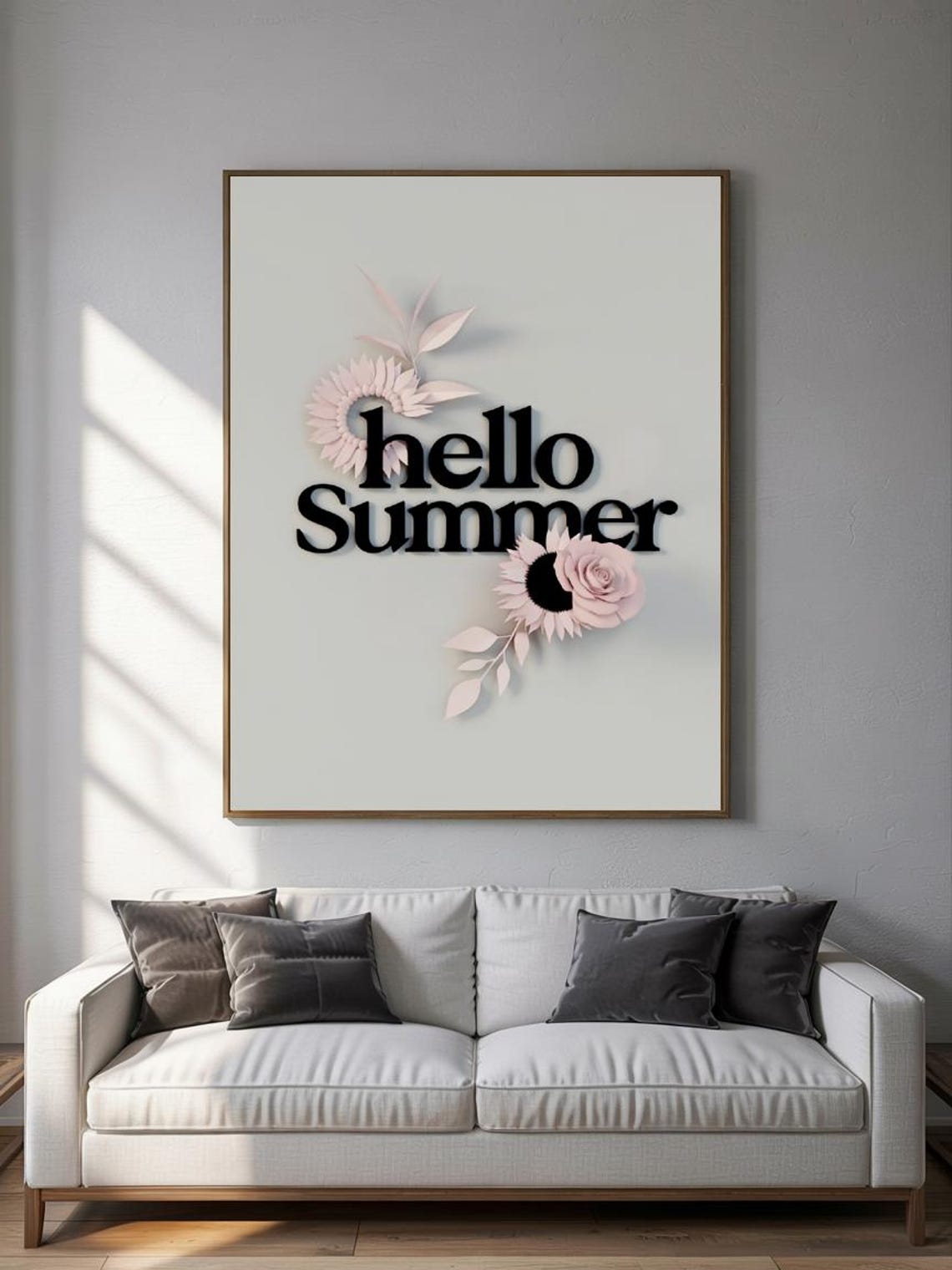 Hello Summer Bold Serif Pink Paper Cut Sunflower Minimal Modern Poster