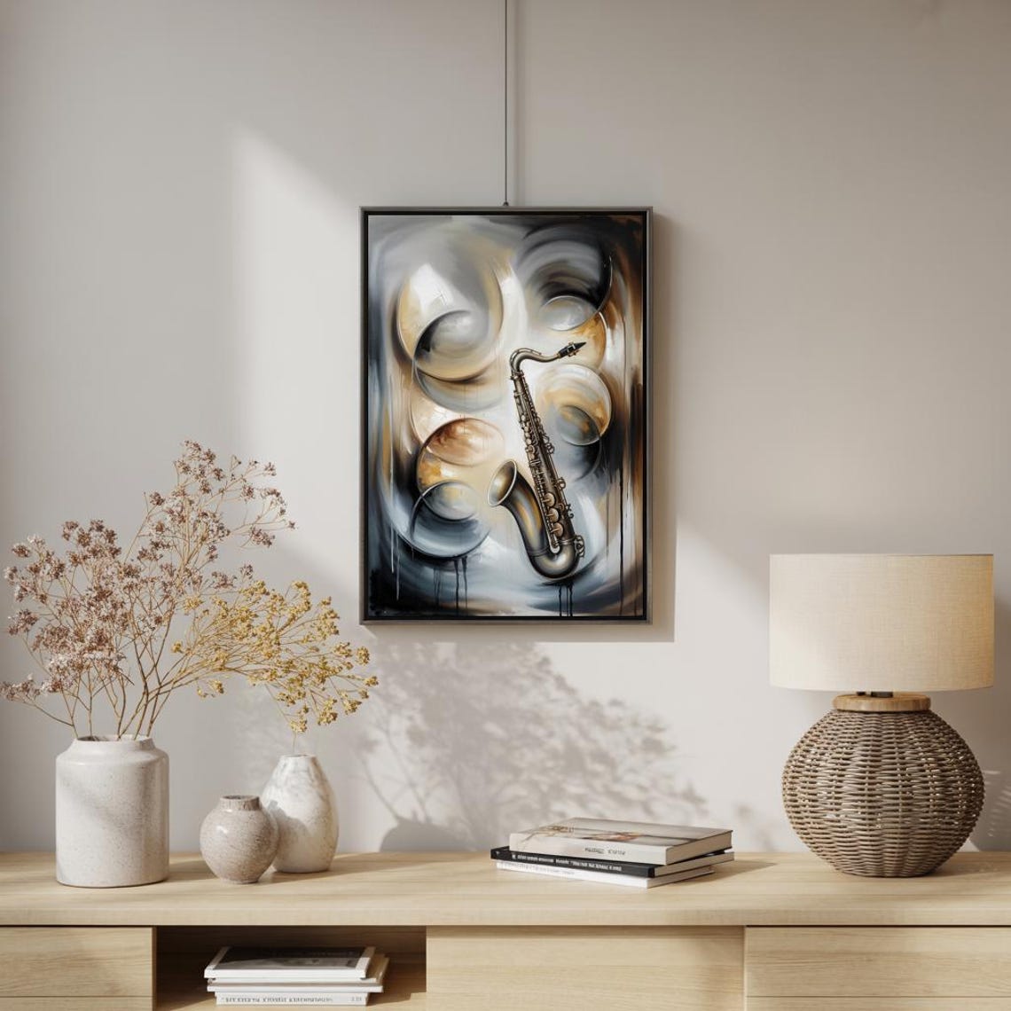 Neutral Tone Abstract Saxophone With Soft Gray Swirls Art Poster - Image 2