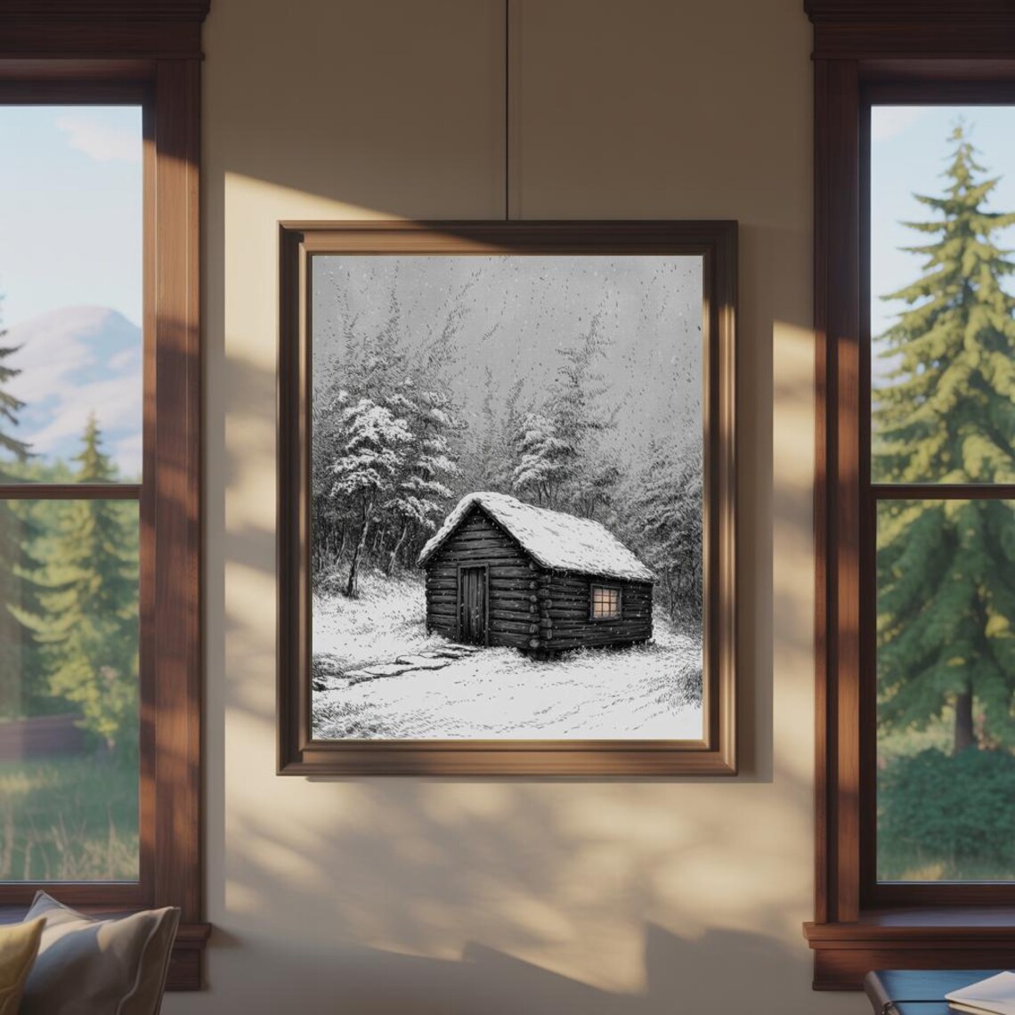 Snow Covered Log Cabin in Winter Forest Black and White Ink Drawing Poster - Image 2