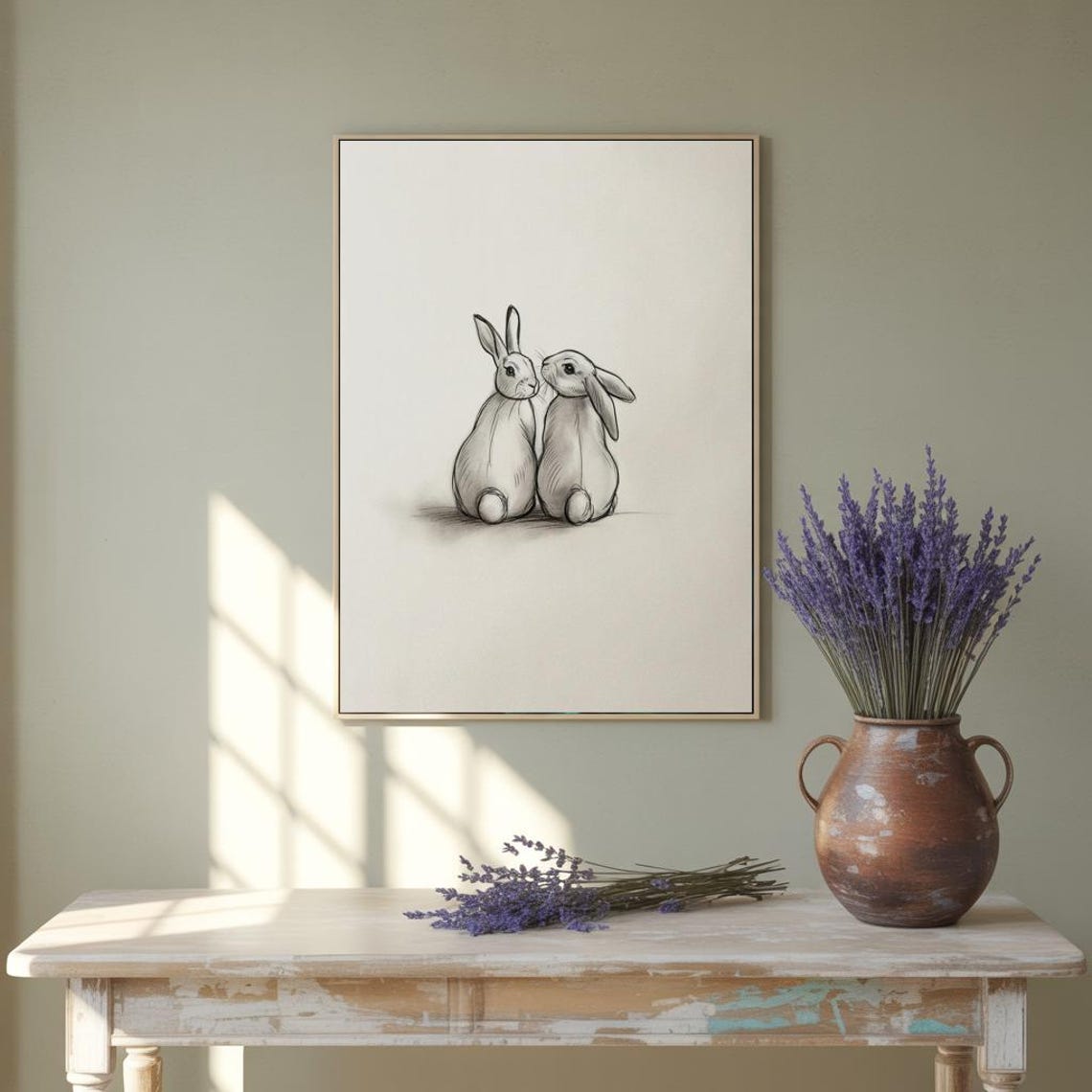 Minimalist Bunny Couple Print Cute Black And White Line Art - Image 3