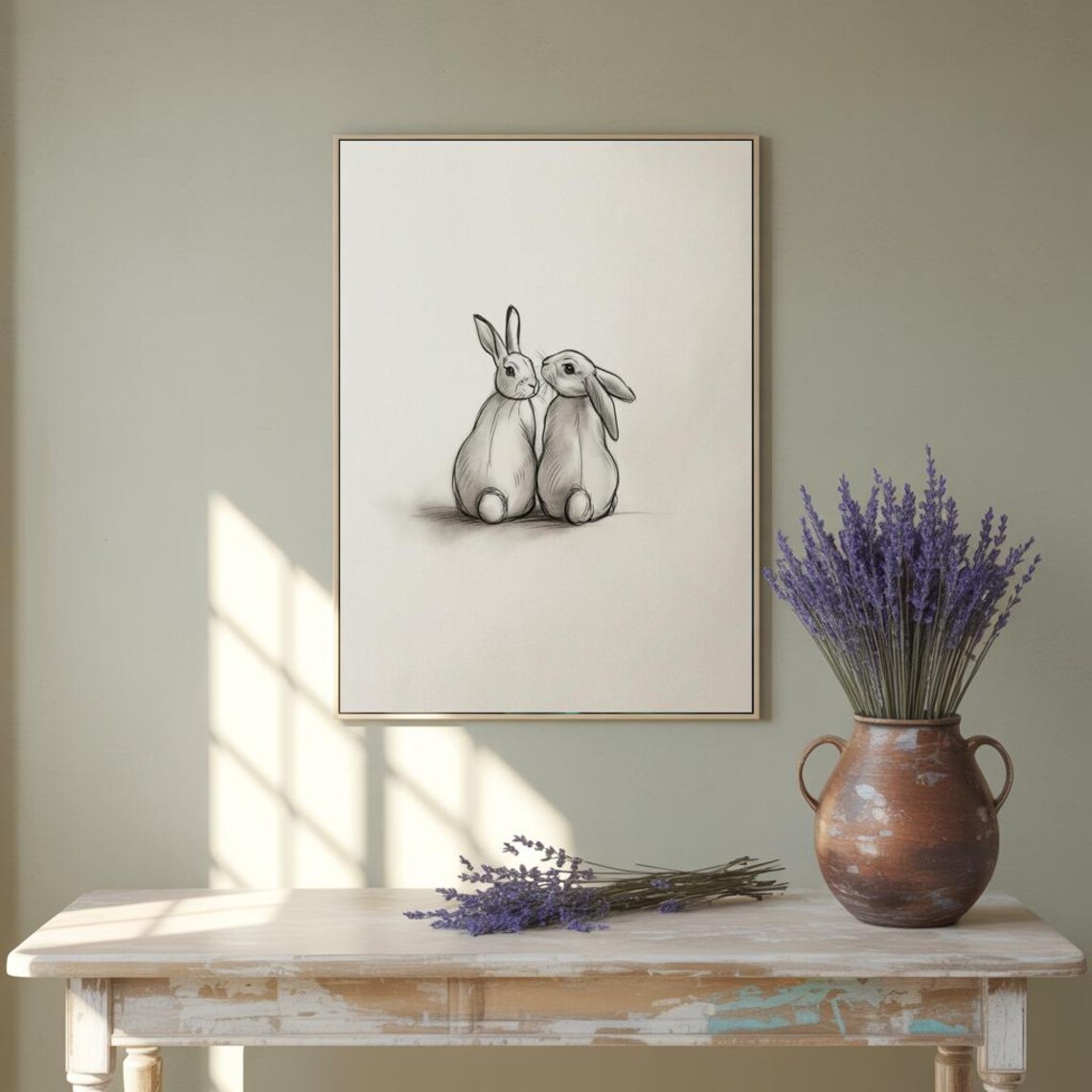Two Cuddling Bunnies Pencil Sketch Cute Rabbit Nursery Poster - Image 3