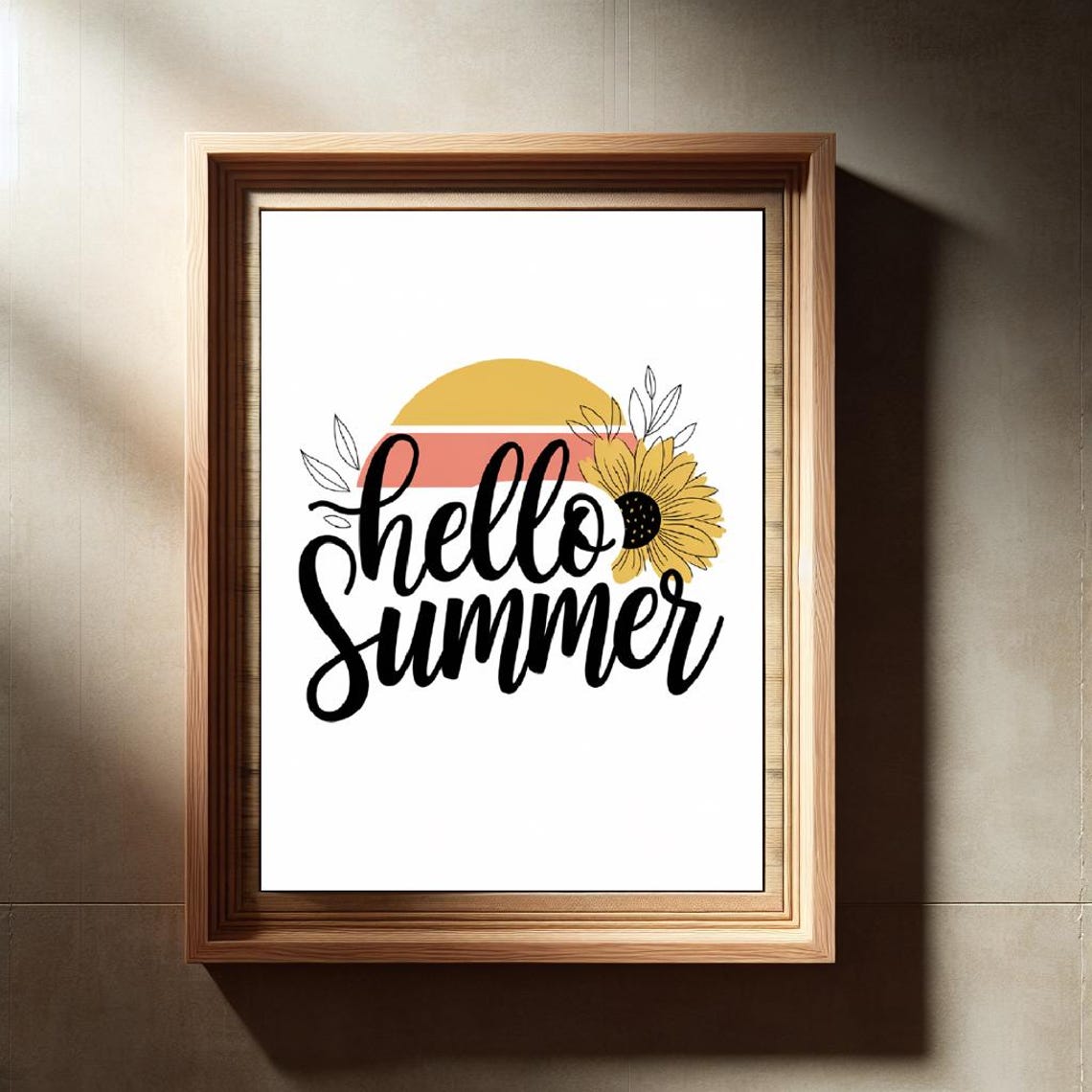 Hello Summer Sunset Circle Sunflower Script Typography White Poster - Image 3