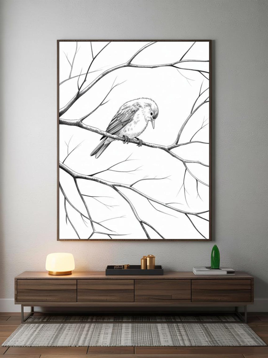 Solitary Bird On Bare Branch Minimal Ink Line Sketch Wall Art - Image 3