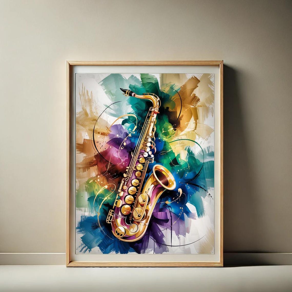 Colorful Abstract Saxophone With Bold Green Blue Brushstrokes Poster - Image 2
