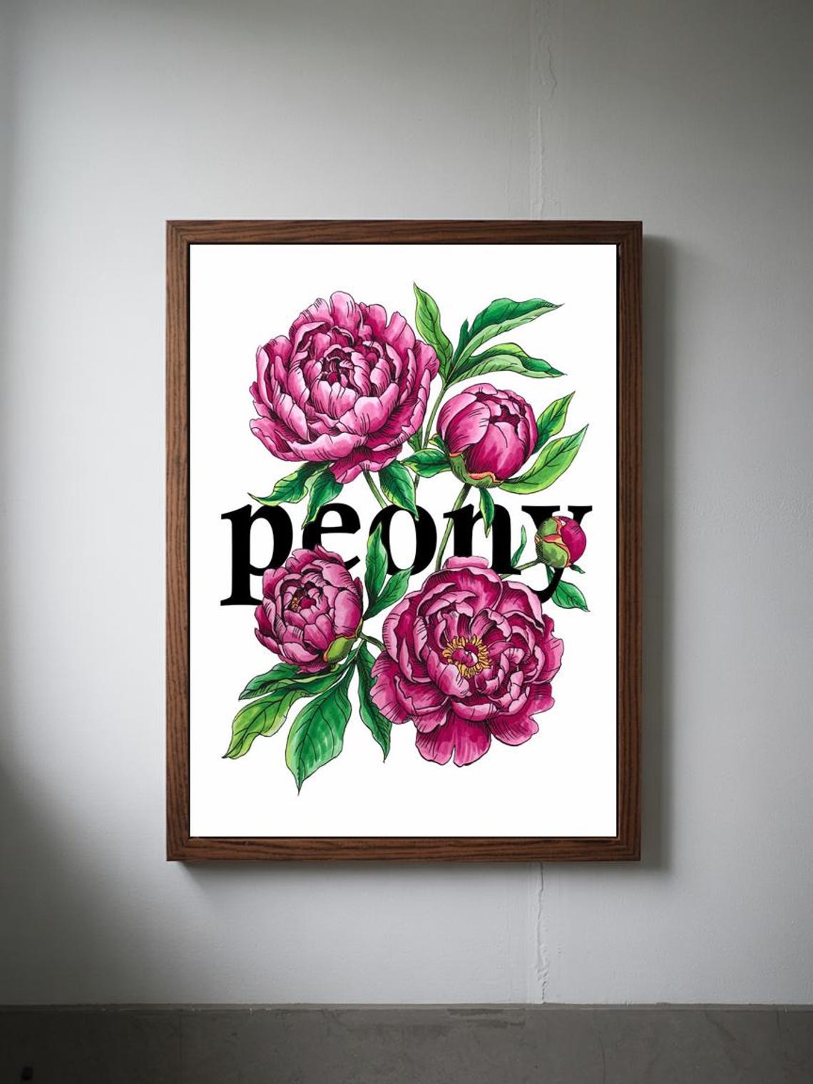 Peony Typography Art With Pink Vintage Botanical Flowers Poster