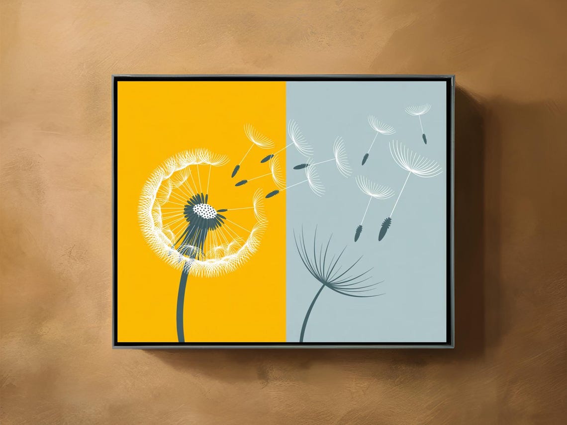 Dandelion Seeds Blowing Mustard Yellow Grey Dualtone Art Print - Image 2