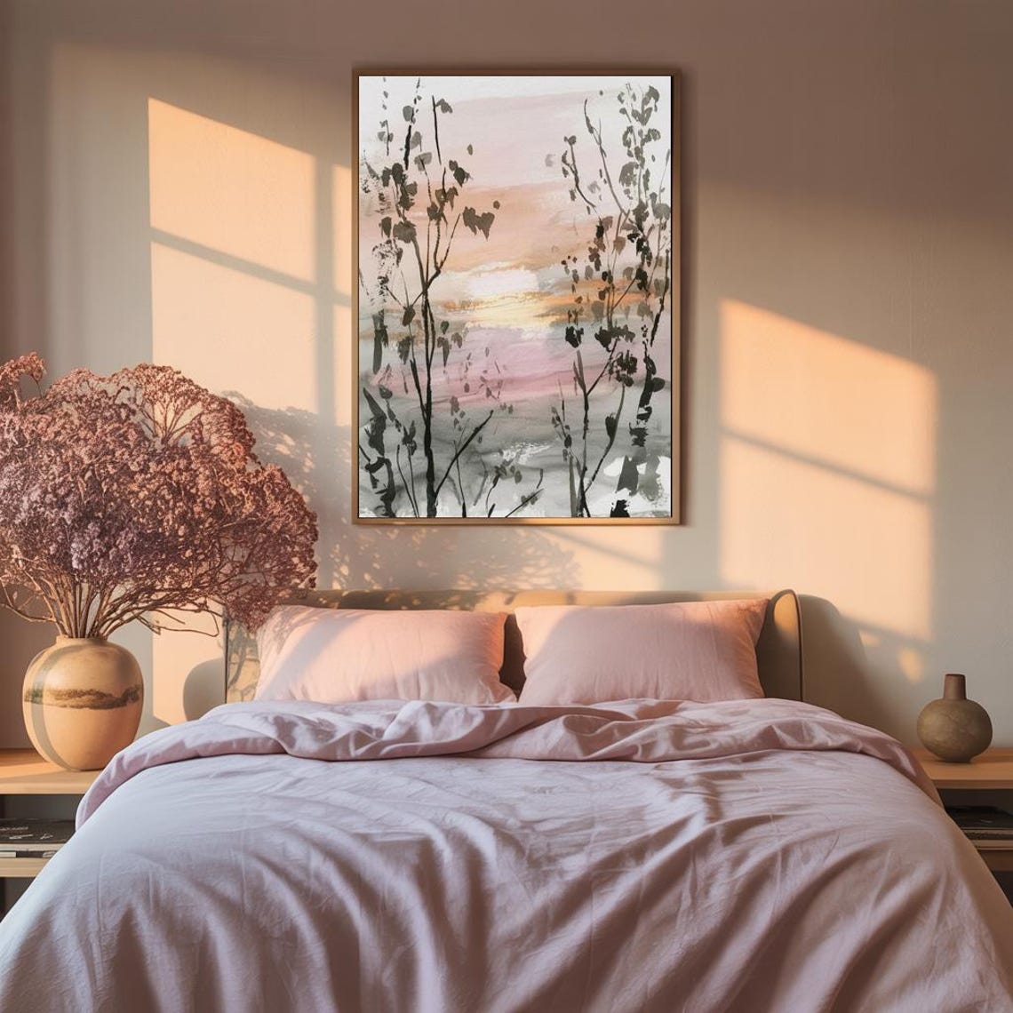 Twilight Tree Silhouettes Soft Watercolor Sunset Landscape Poster - Image 2