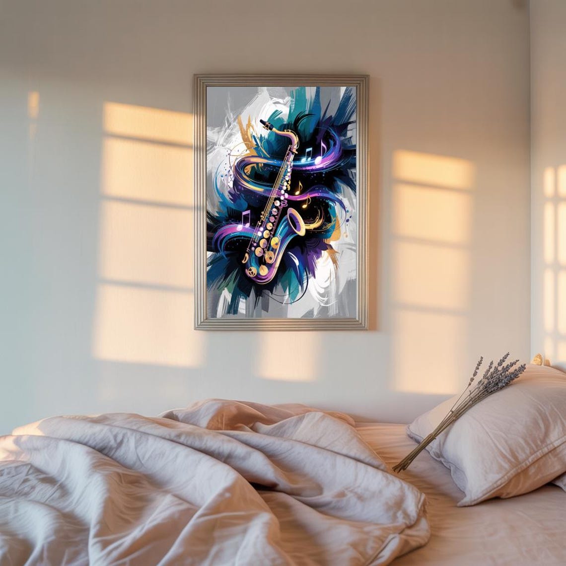 Neon Saxophone With Swirling Notes on Dark Abstract Music Poster - Image 2