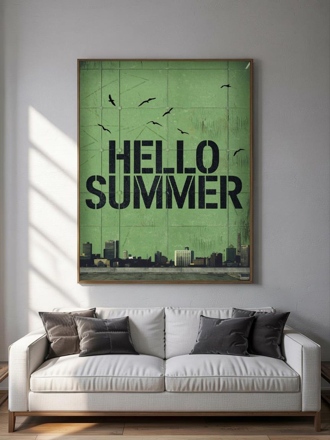 Hello Summer Stencil Typography Birds City Skyline Green Wall Poster - Image 2