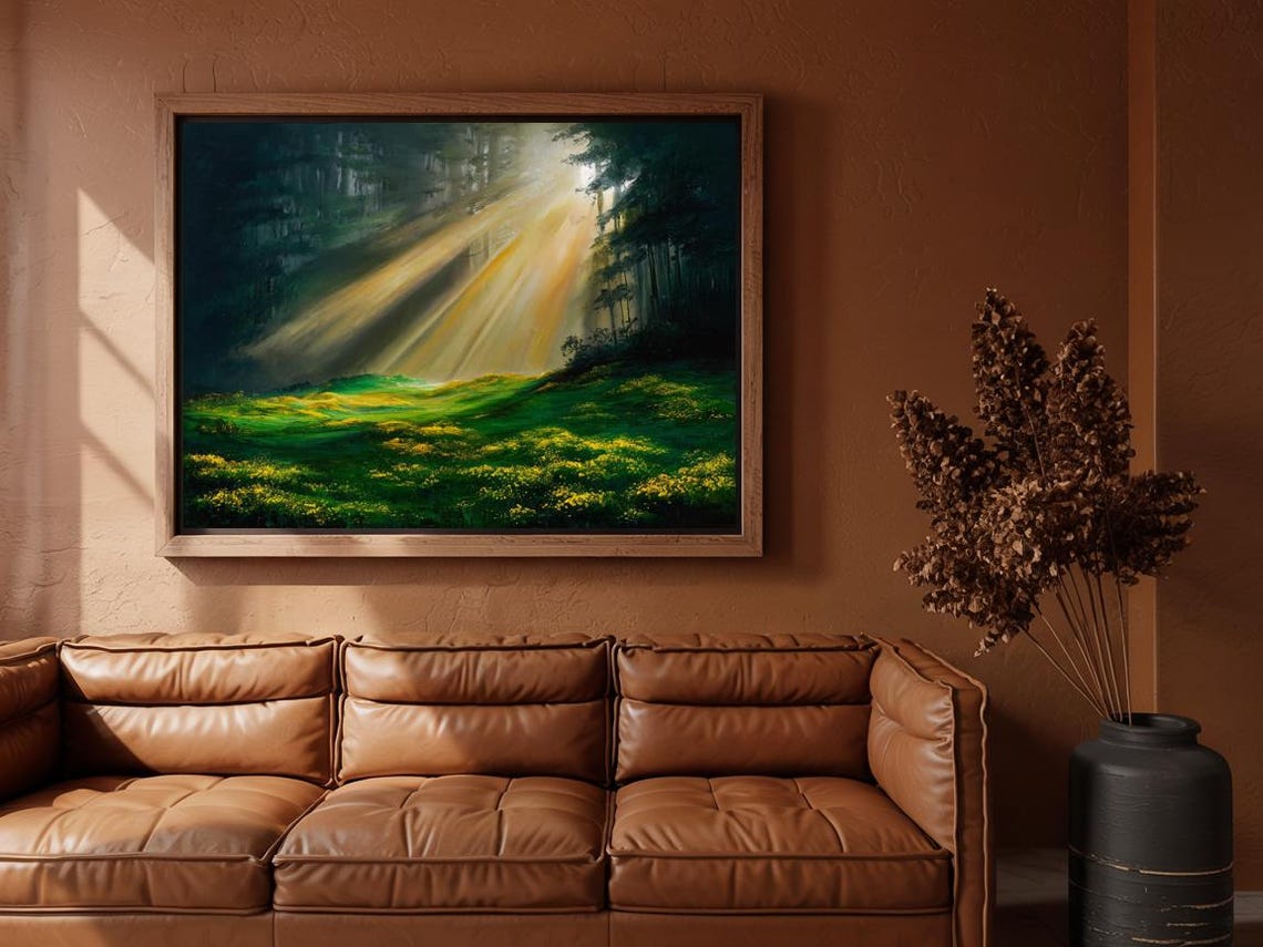 Sunbeam Forest Meadow Green Valley Light Rays Classic Art Print - Image 3