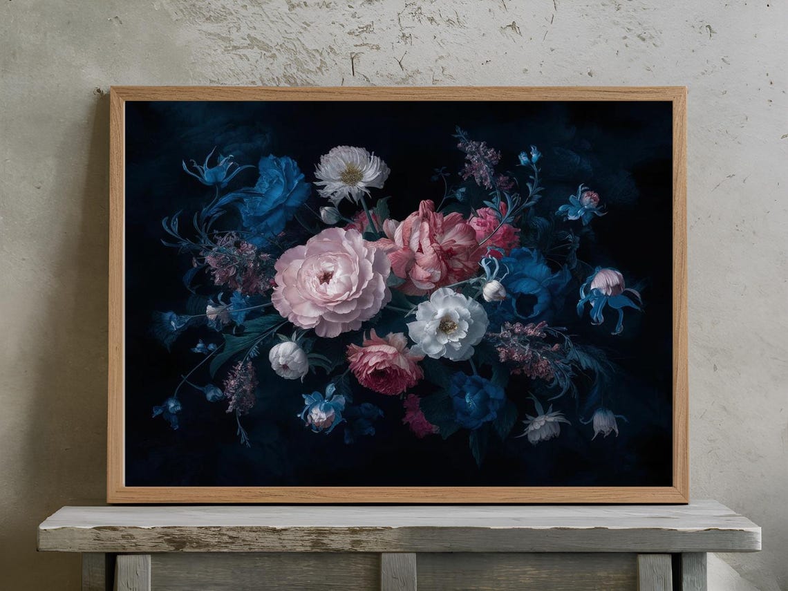 Pink Peony Blue Rose White Blooms Dark Floral Elegant Art Print - Image 3