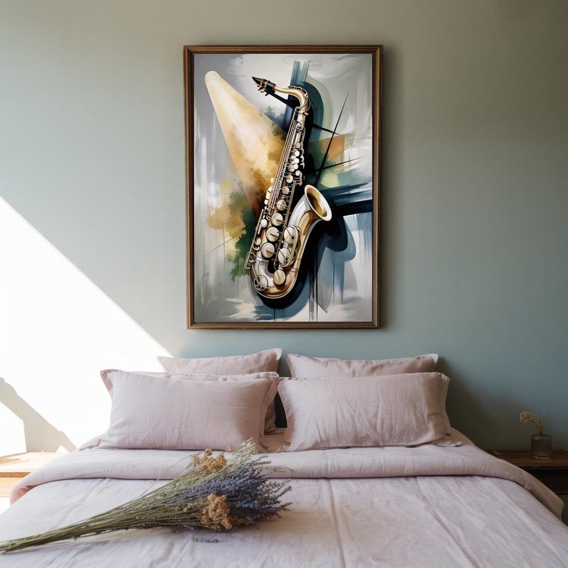 Golden Saxophone Under Spotlight on Painted Abstract Gray Poster - Image 2