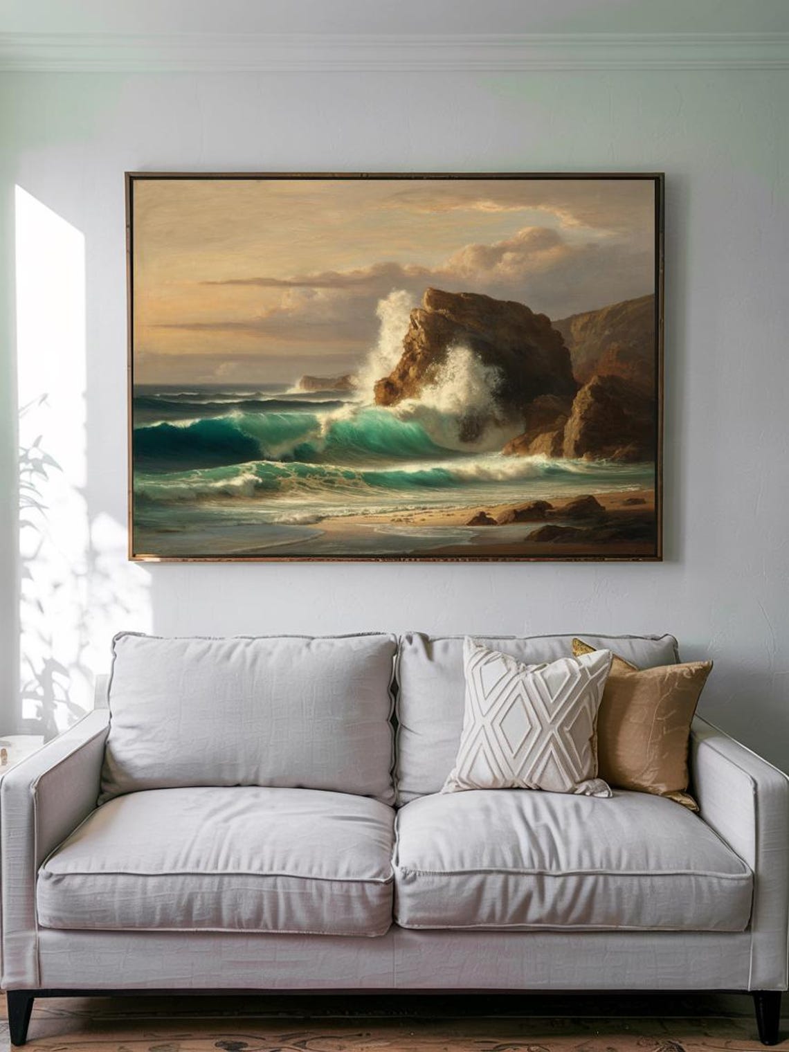 Turquoise Ocean Waves Crashing on Rocky Coast at Sunset Poster