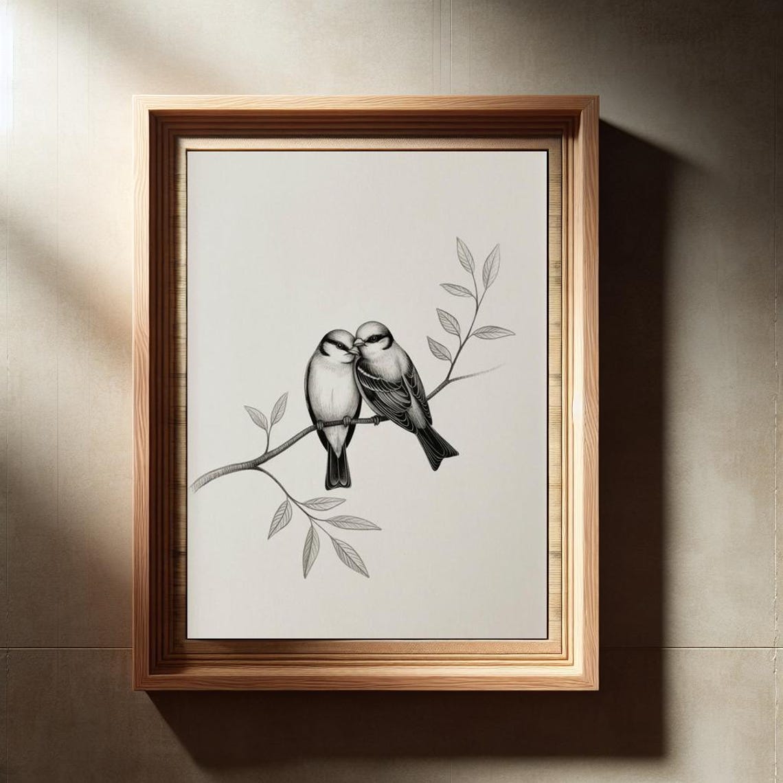 Two Chickadees Perched Tender Pencil Sketch Bird Lovers Art Poster