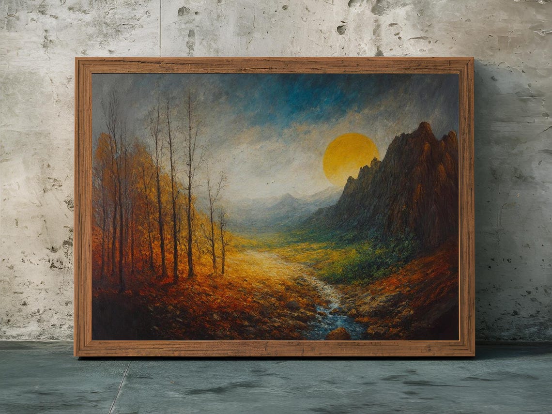 Autumn Valley With Golden Sun Rocky Peaks and Bare Trees Poster - Image 3