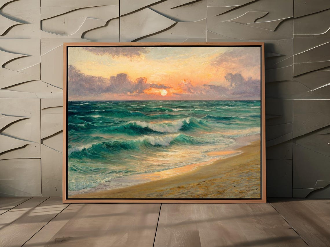 Teal Ocean Waves Sunset Beach Seascape Impressionist Art Poster - Image 3