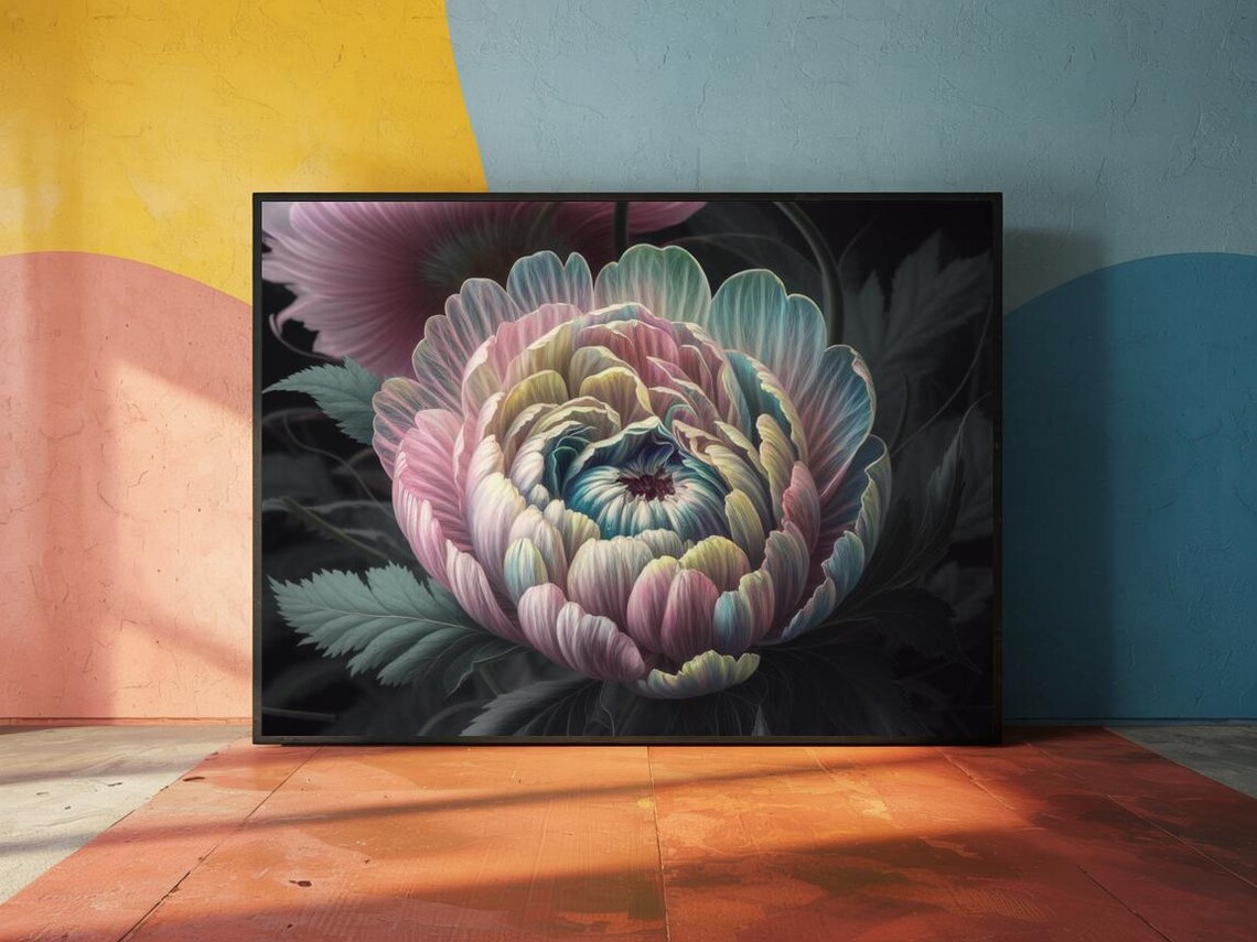 Pastel Peony Bloom On Dark Background Floral Nature Wall Art - Image 2