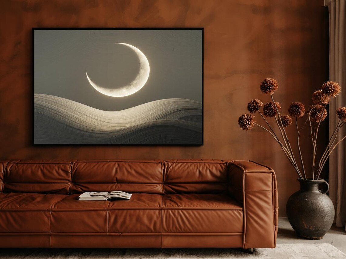 Crescent Moon Over Dark Flowing Waves Minimalist Lunar Night Sky Poster - Image 2