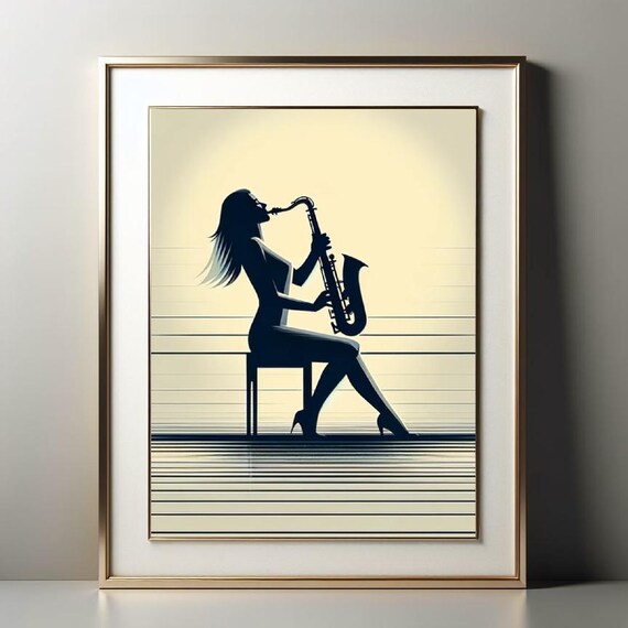 Seated Saxophonist Woman Silhouette Sunset Retro Jazz Lounge Print