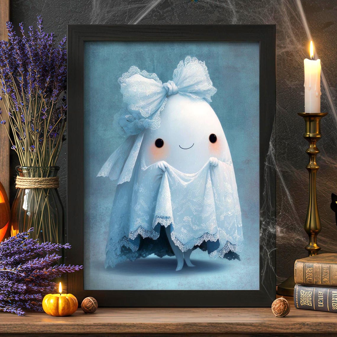 Cute Blue Lace Ghost With Bow Kawaii Coquette Halloween Poster