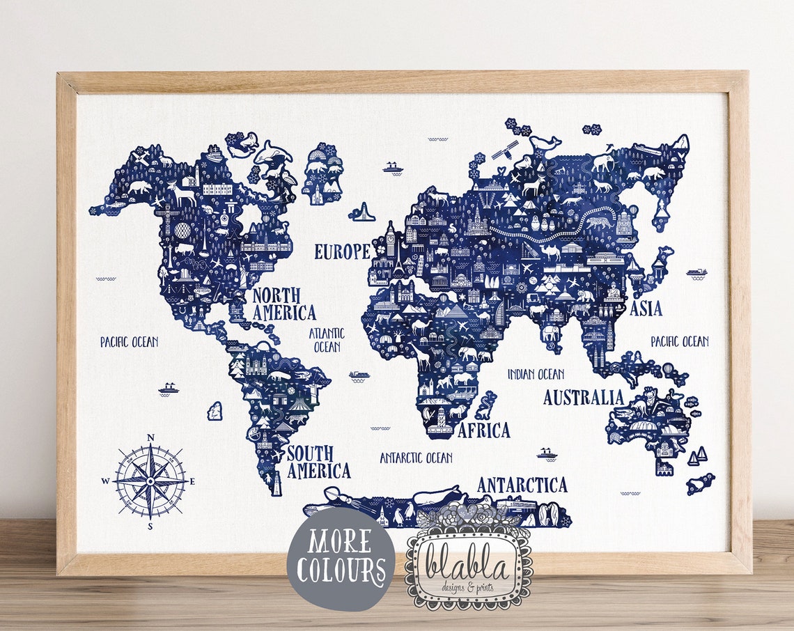World Map Kids Navy Blue Animals Continents Educational Poster