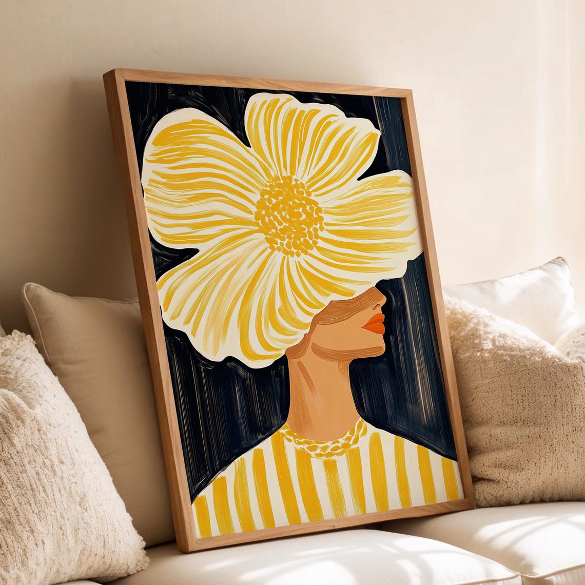 Woman With Oversized Yellow Flower Hat Bold Abstract Art Poster