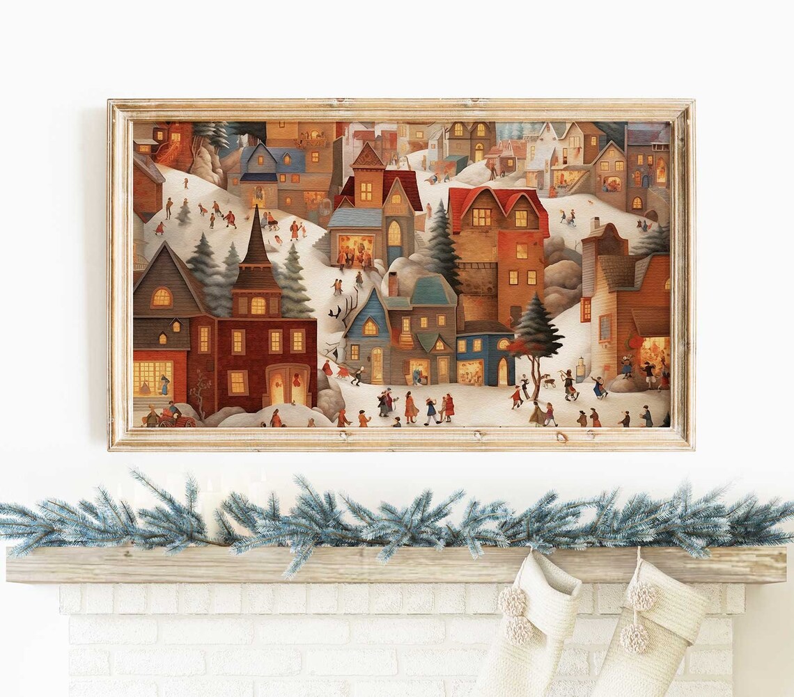 Cozy Snowy Christmas Village Scene Winter Landscape Holiday Poster