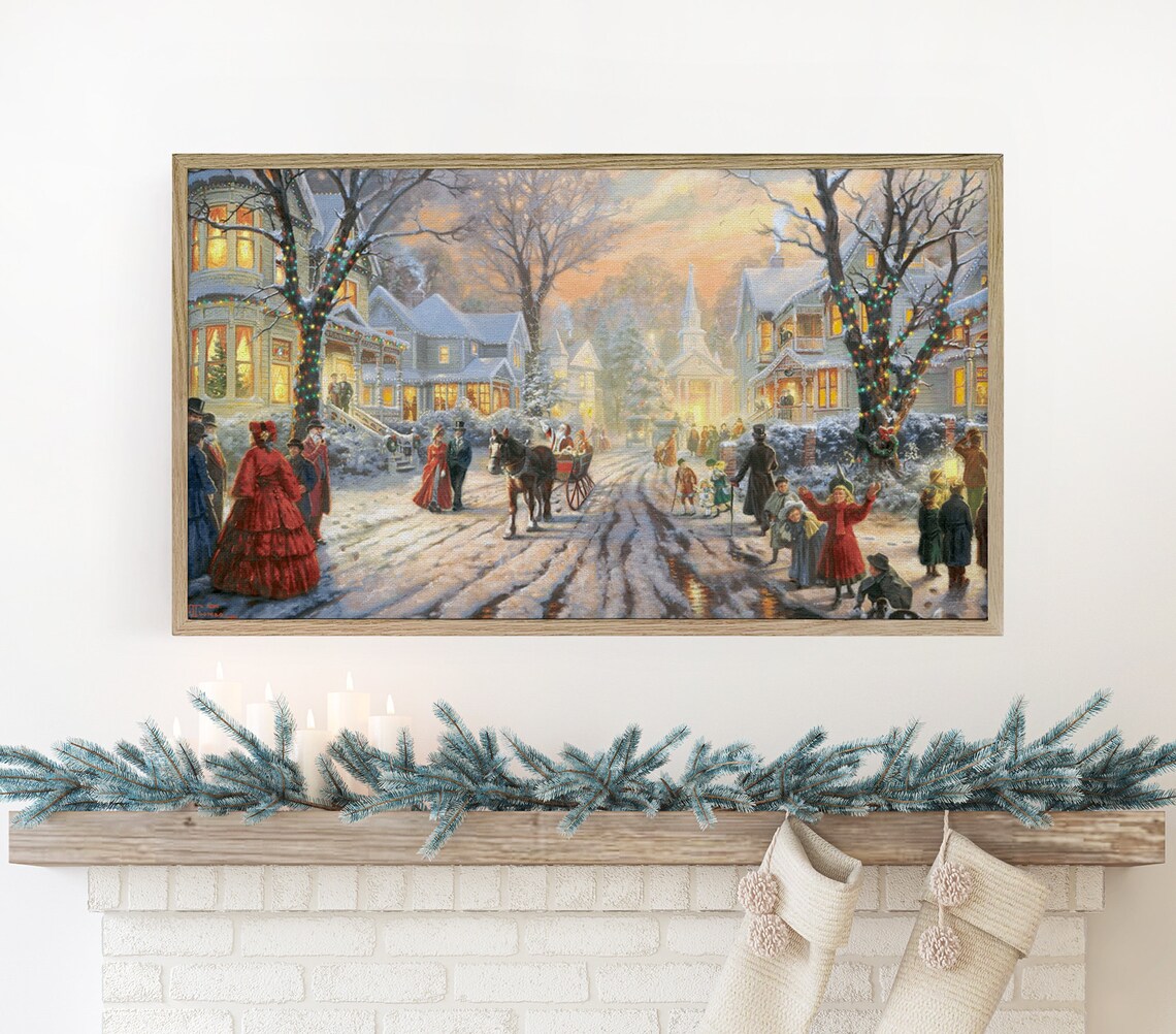 Vintage Christmas Village Town Scene Art Print
