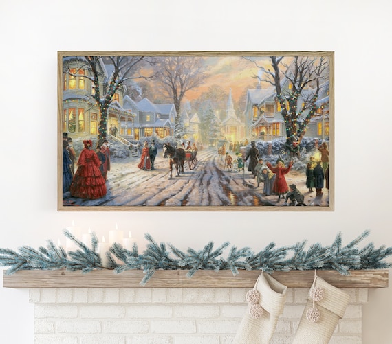 Vintage Christmas Village Town Scene Art Print
