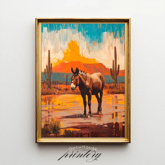 Desert Donkey at Sunset Southwestern Animal Art Poster with Cacti