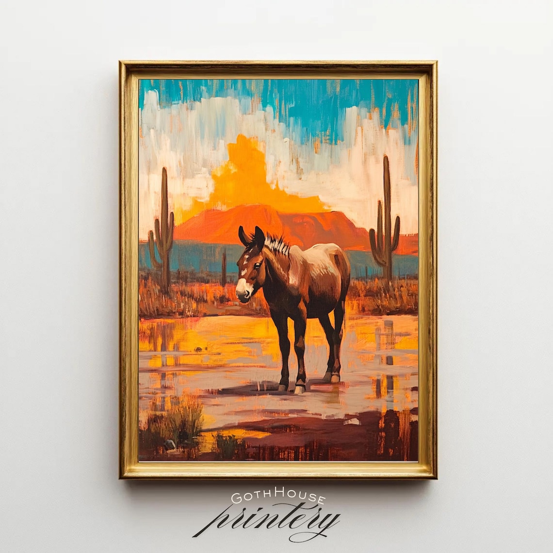 Desert Donkey at Sunset Southwestern Animal Art Poster with Cacti